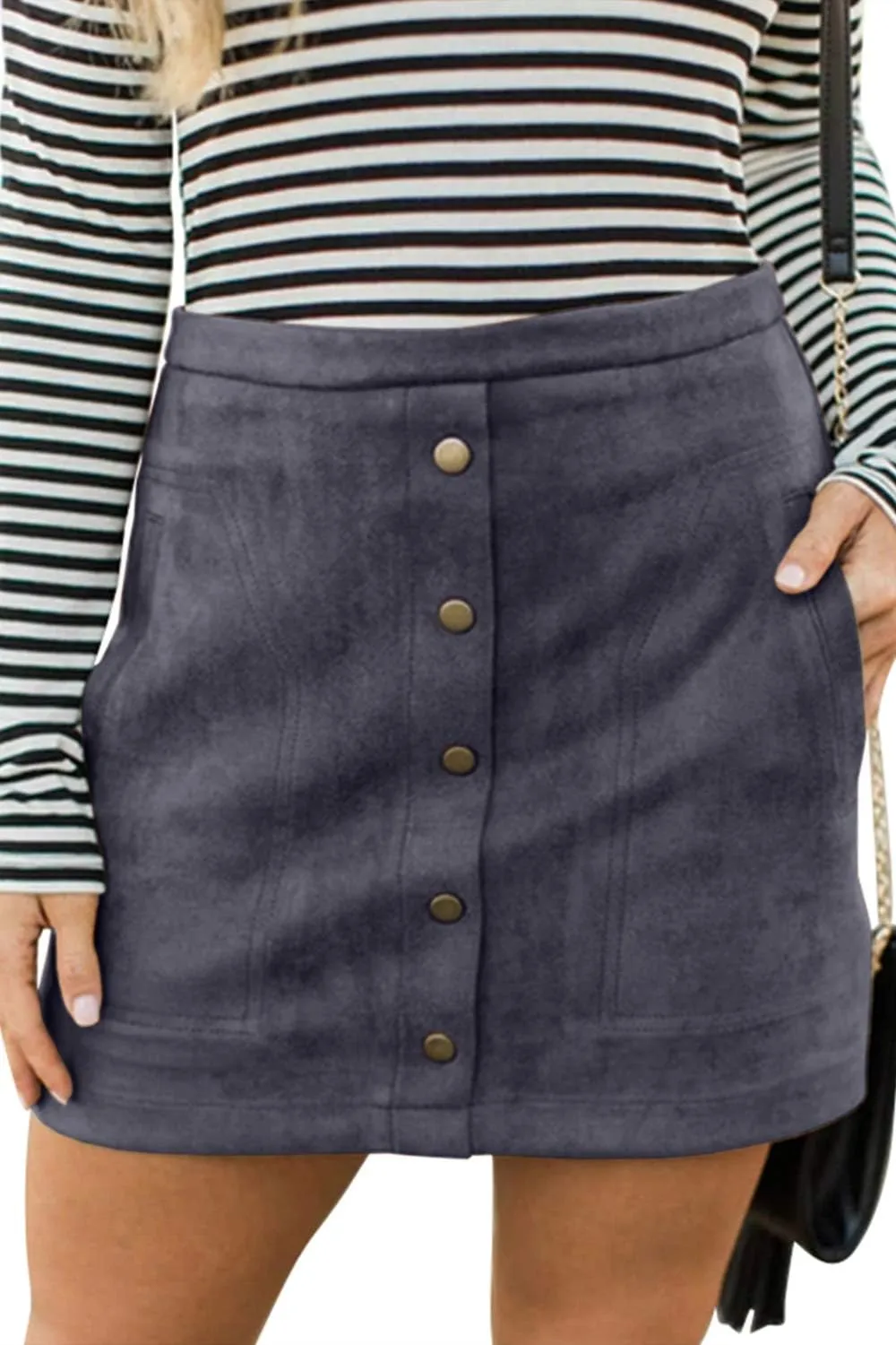 Meyeeka Women's Button Front Faux Suede High Waist A-line Mini Skirt with Pocket