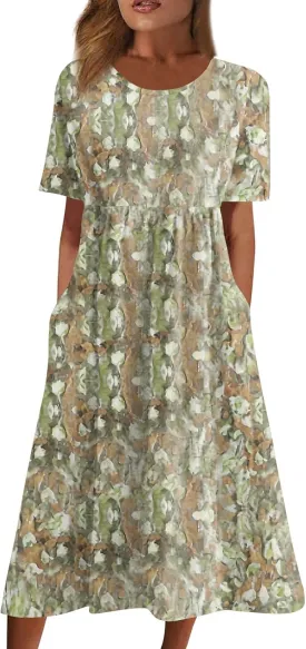 Midi Dresses for Women,Casual Plus Size Elegant Vintage Floral Smocked Flowy Trendy Short Sleeve Summer Fall Dress