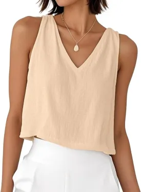Mywinway Linen Crop Tank Tops for Women Spring Summer Sleeveless V Neck Cropped Casual Fashion Beach Tops Shirts