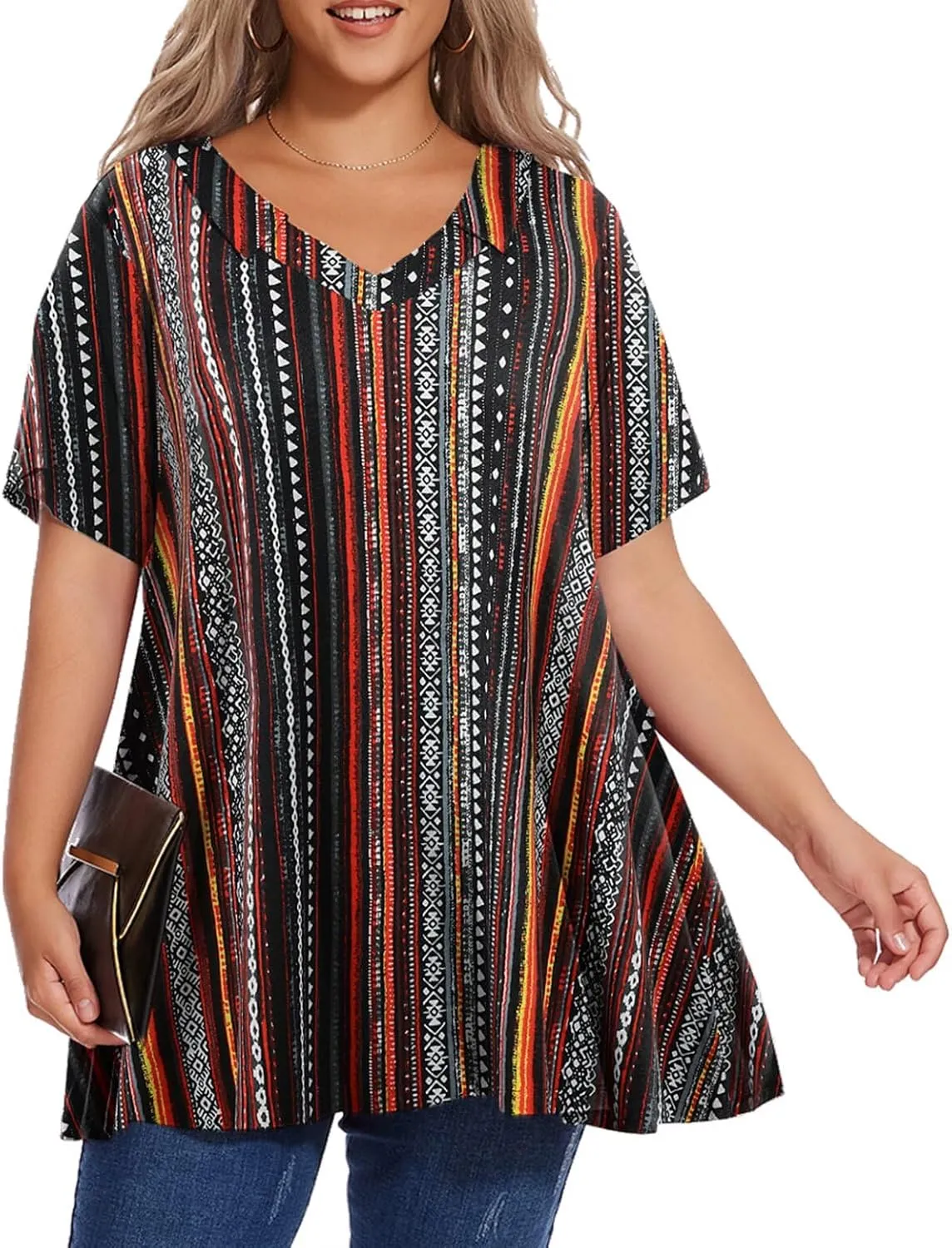 OVERWORETY Women's Plus Size T-Shirt Short Sleeve Lapel V Neck Loose Fitted Polo Tunic Tops