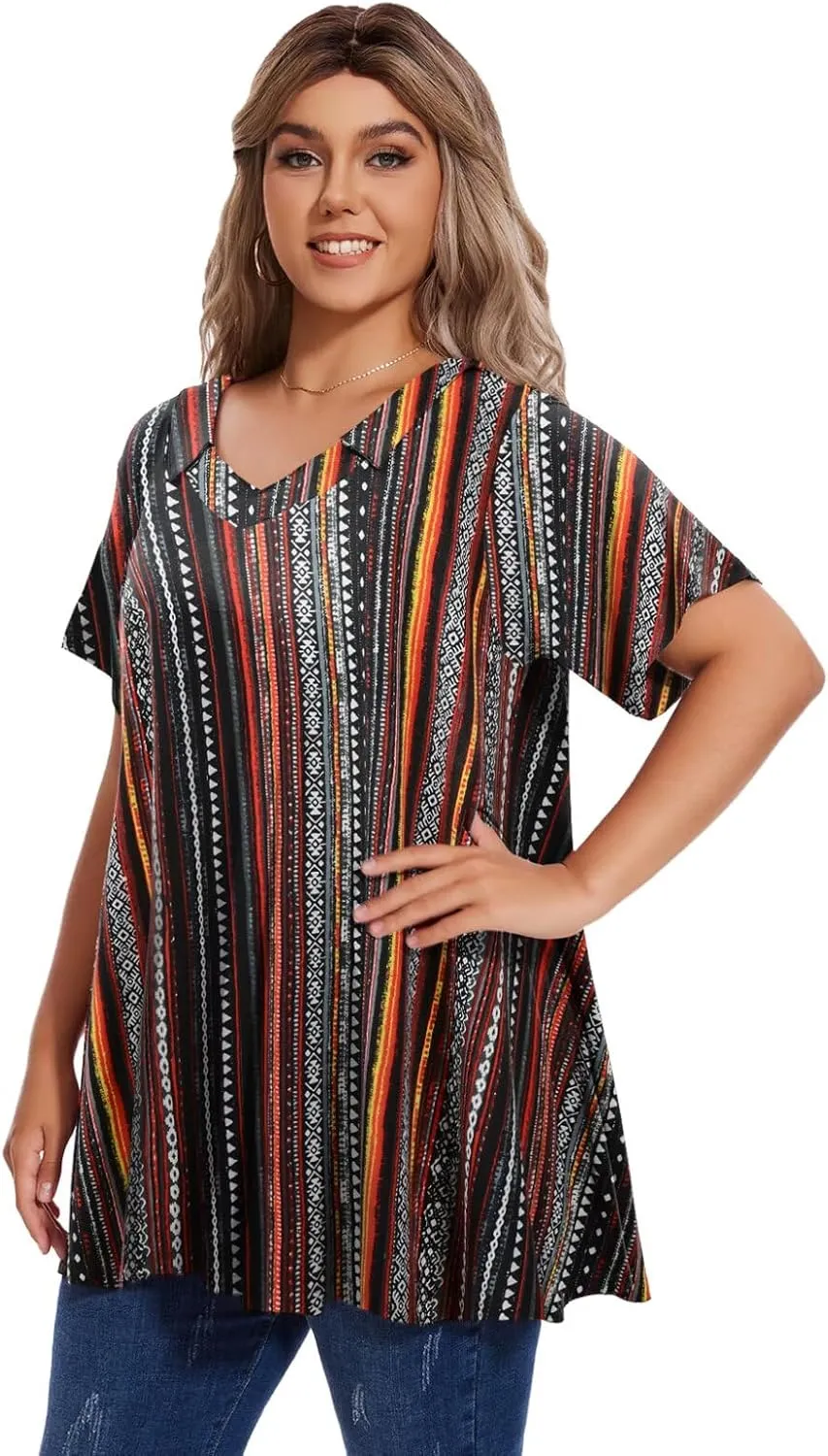 OVERWORETY Women's Plus Size T-Shirt Short Sleeve Lapel V Neck Loose Fitted Polo Tunic Tops