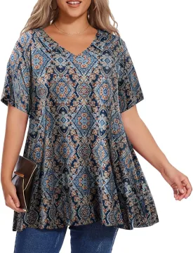 OVERWORETY Women's Plus Size T-Shirt Short Sleeve Lapel V Neck Loose Fitted Polo Tunic Tops