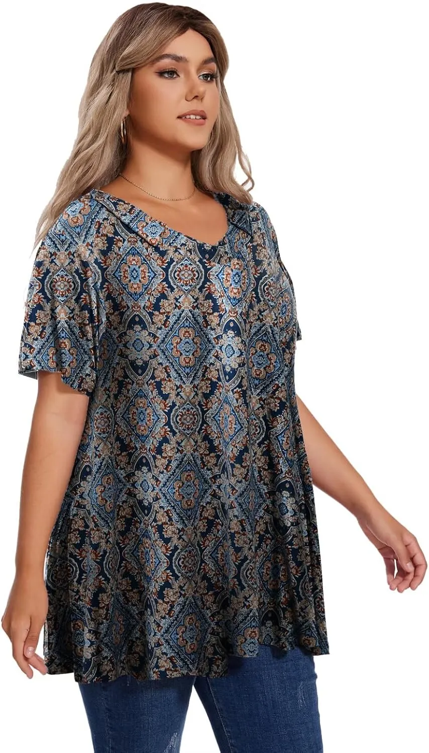 OVERWORETY Women's Plus Size T-Shirt Short Sleeve Lapel V Neck Loose Fitted Polo Tunic Tops