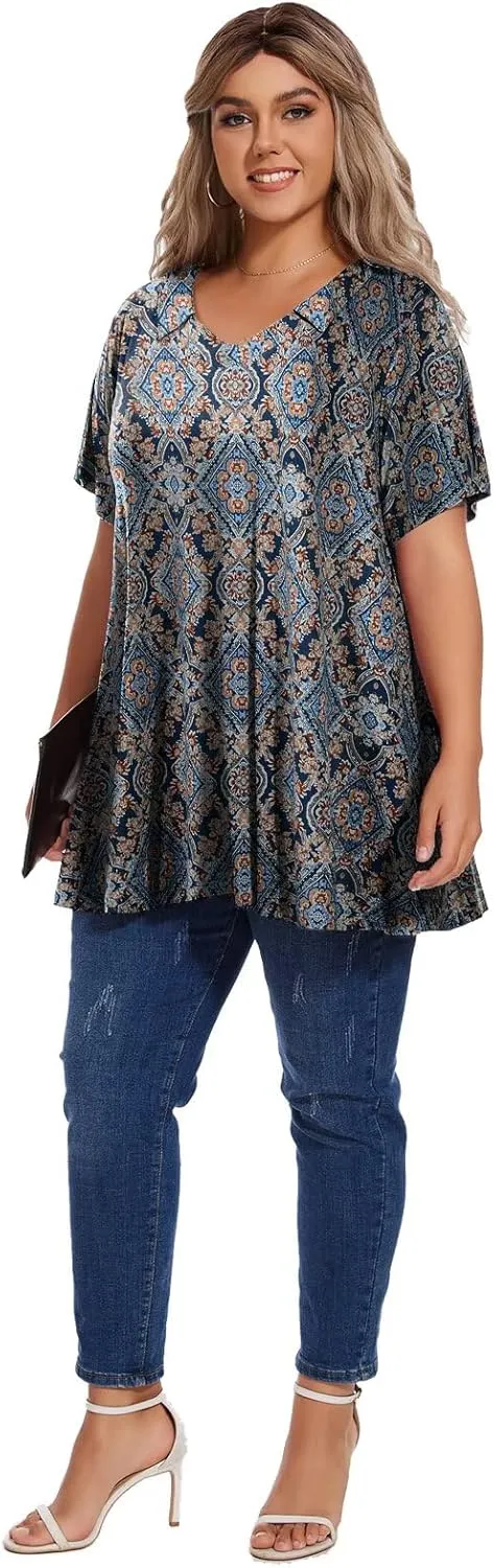 OVERWORETY Women's Plus Size T-Shirt Short Sleeve Lapel V Neck Loose Fitted Polo Tunic Tops