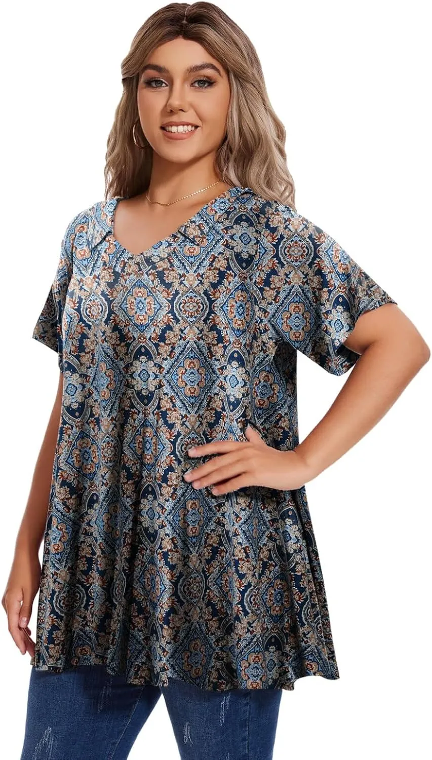 OVERWORETY Women's Plus Size T-Shirt Short Sleeve Lapel V Neck Loose Fitted Polo Tunic Tops