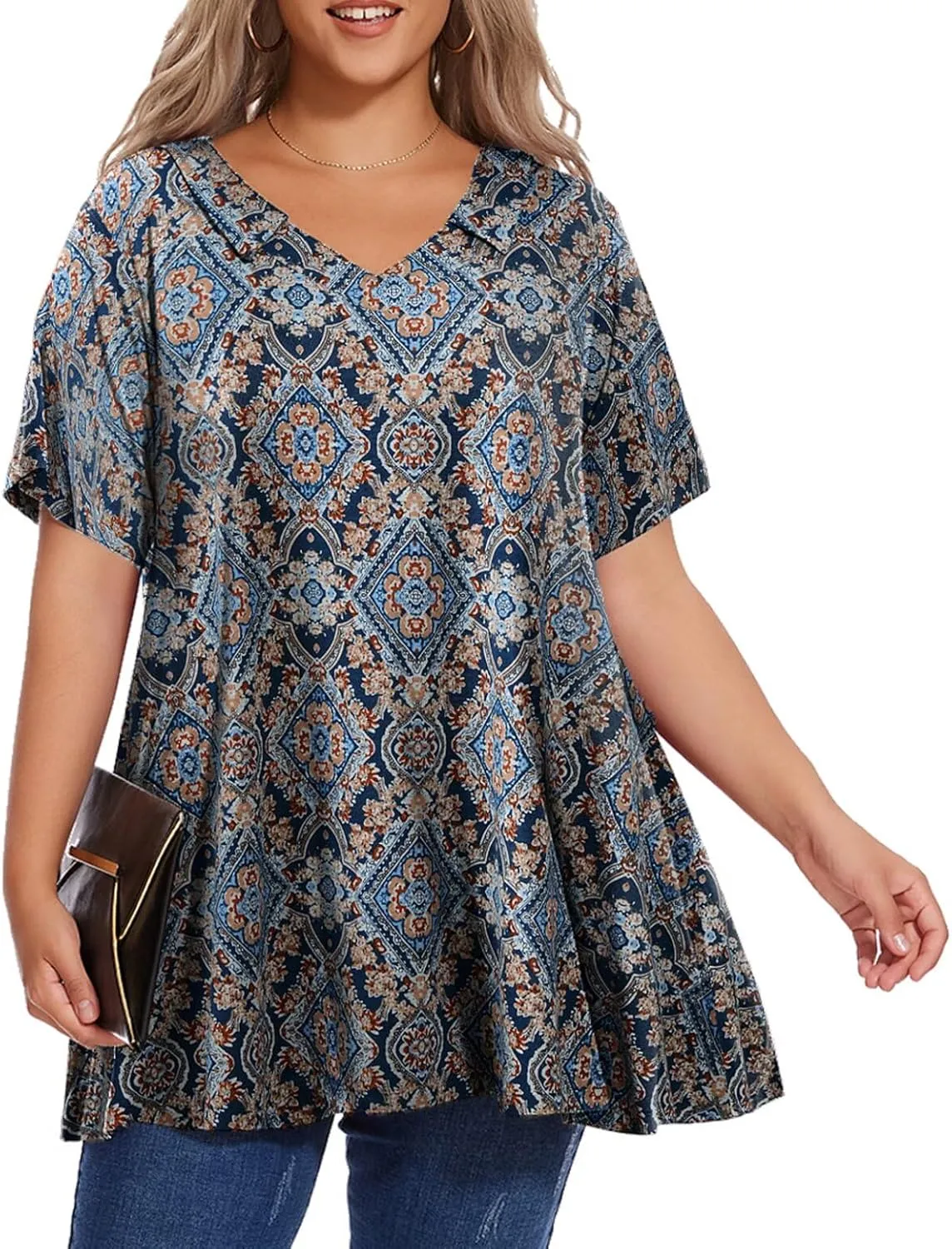 OVERWORETY Women's Plus Size T-Shirt Short Sleeve Lapel V Neck Loose Fitted Polo Tunic Tops