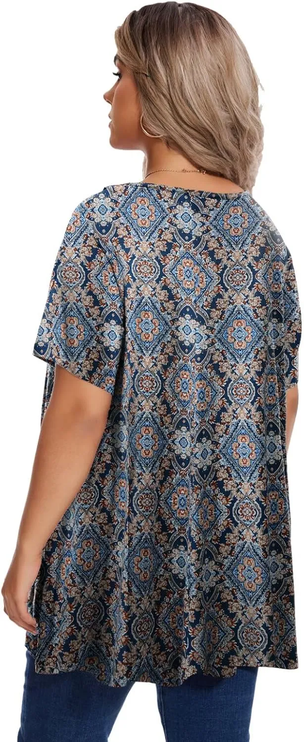 OVERWORETY Women's Plus Size T-Shirt Short Sleeve Lapel V Neck Loose Fitted Polo Tunic Tops