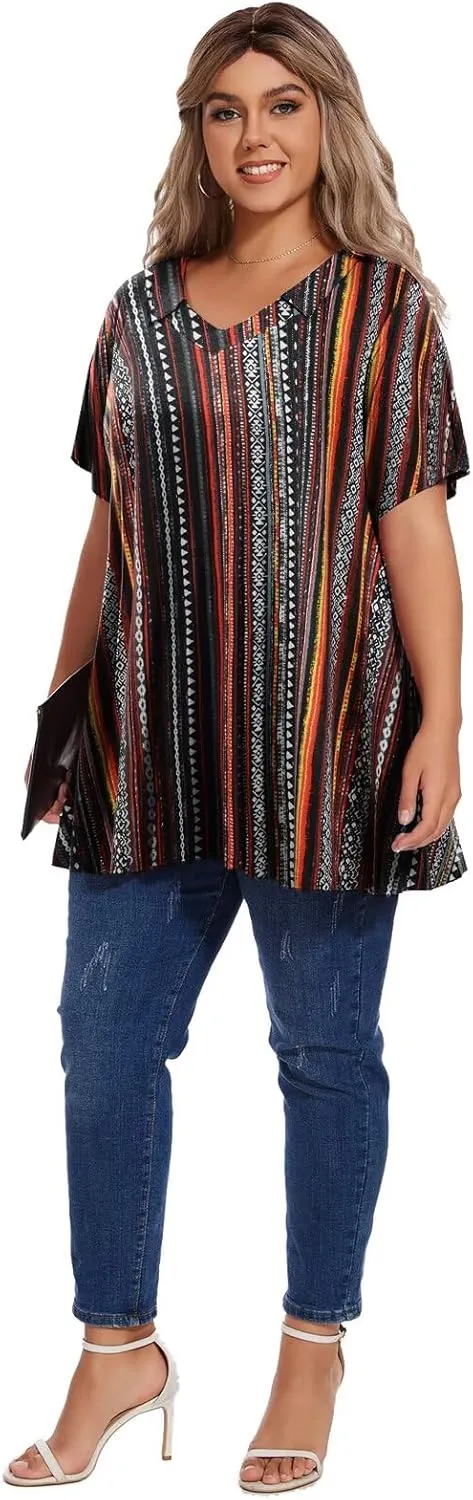 OVERWORETY Women's Plus Size T-Shirt Short Sleeve Lapel V Neck Loose Fitted Polo Tunic Tops