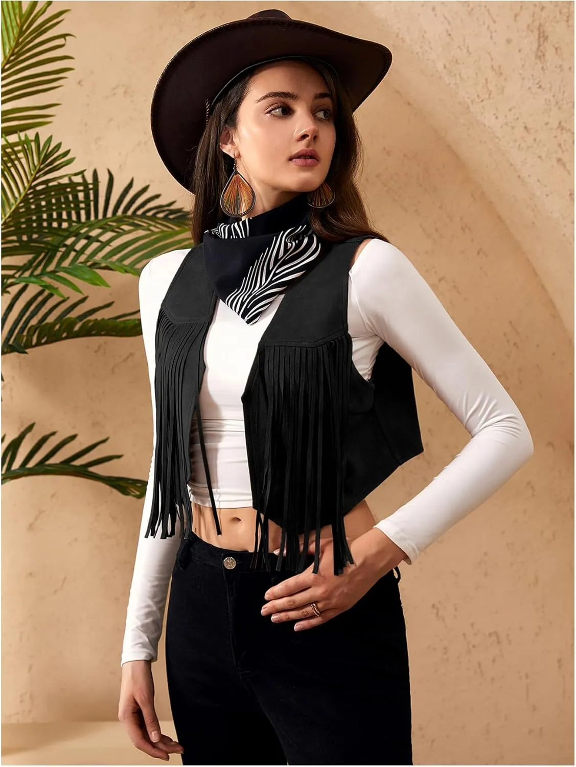 OYOANGLE Women's Fringe Open Front Sleeveless Crop Vests Tassel 70s Vintage Jackets Outerwear