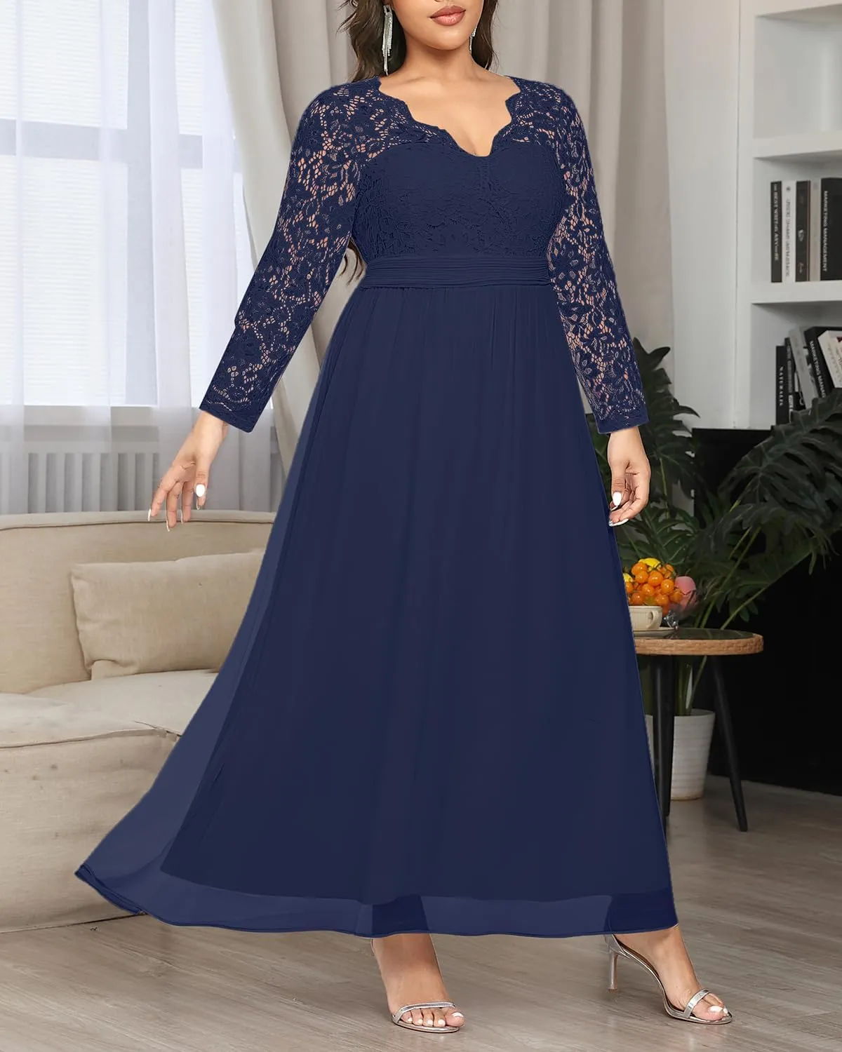 Plus Size Formal Wedding Dresses - Gowns Evening Prom Elegant V Neck Long Sleeve Lace Chiffon Long Maxi Dress