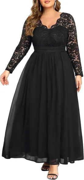 Plus Size Formal Wedding Dresses - Gowns Evening Prom Elegant V Neck Long Sleeve Lace Chiffon Long Maxi Dress