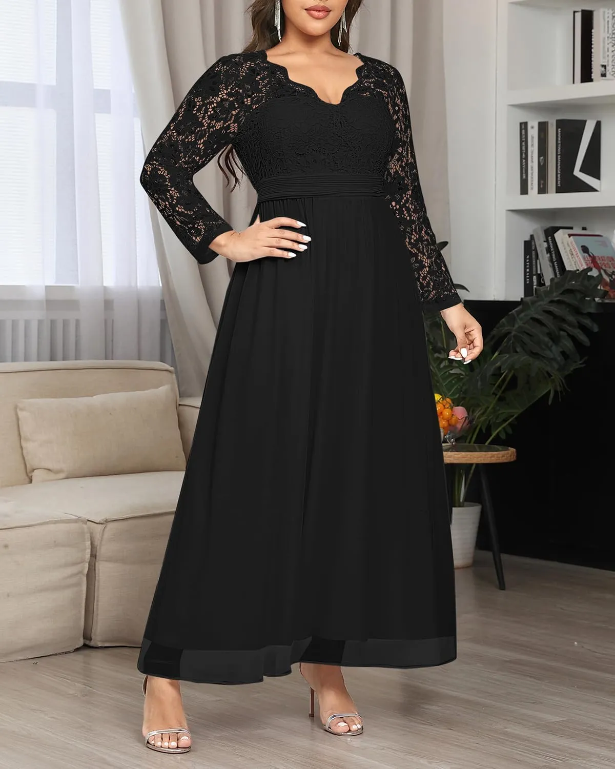Plus Size Formal Wedding Dresses - Gowns Evening Prom Elegant V Neck Long Sleeve Lace Chiffon Long Maxi Dress
