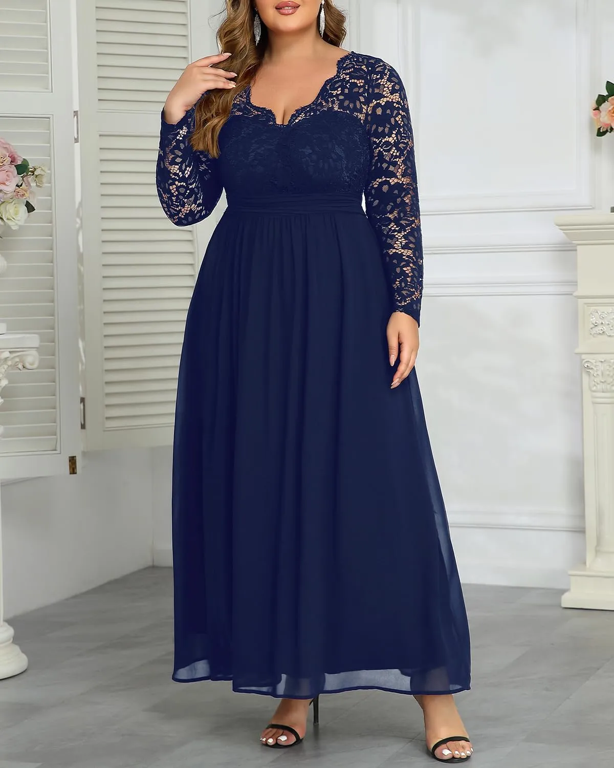Plus Size Formal Wedding Dresses - Gowns Evening Prom Elegant V Neck Long Sleeve Lace Chiffon Long Maxi Dress