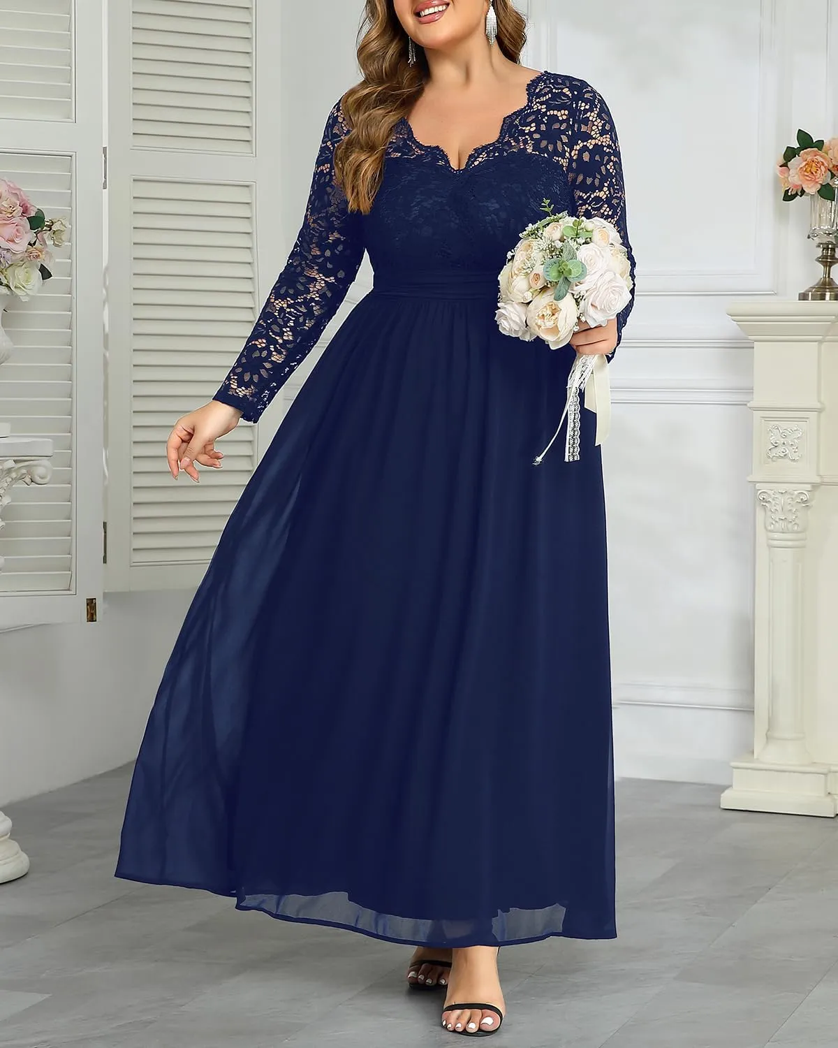 Plus Size Formal Wedding Dresses - Gowns Evening Prom Elegant V Neck Long Sleeve Lace Chiffon Long Maxi Dress