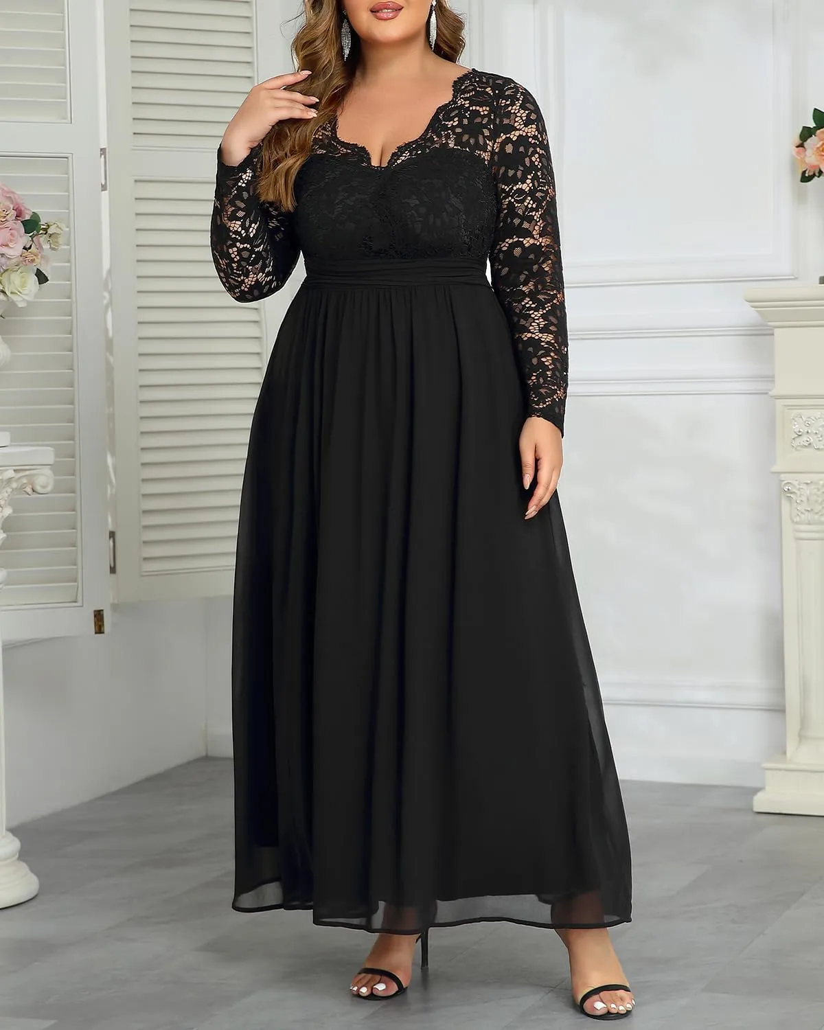 Plus Size Formal Wedding Dresses - Gowns Evening Prom Elegant V Neck Long Sleeve Lace Chiffon Long Maxi Dress