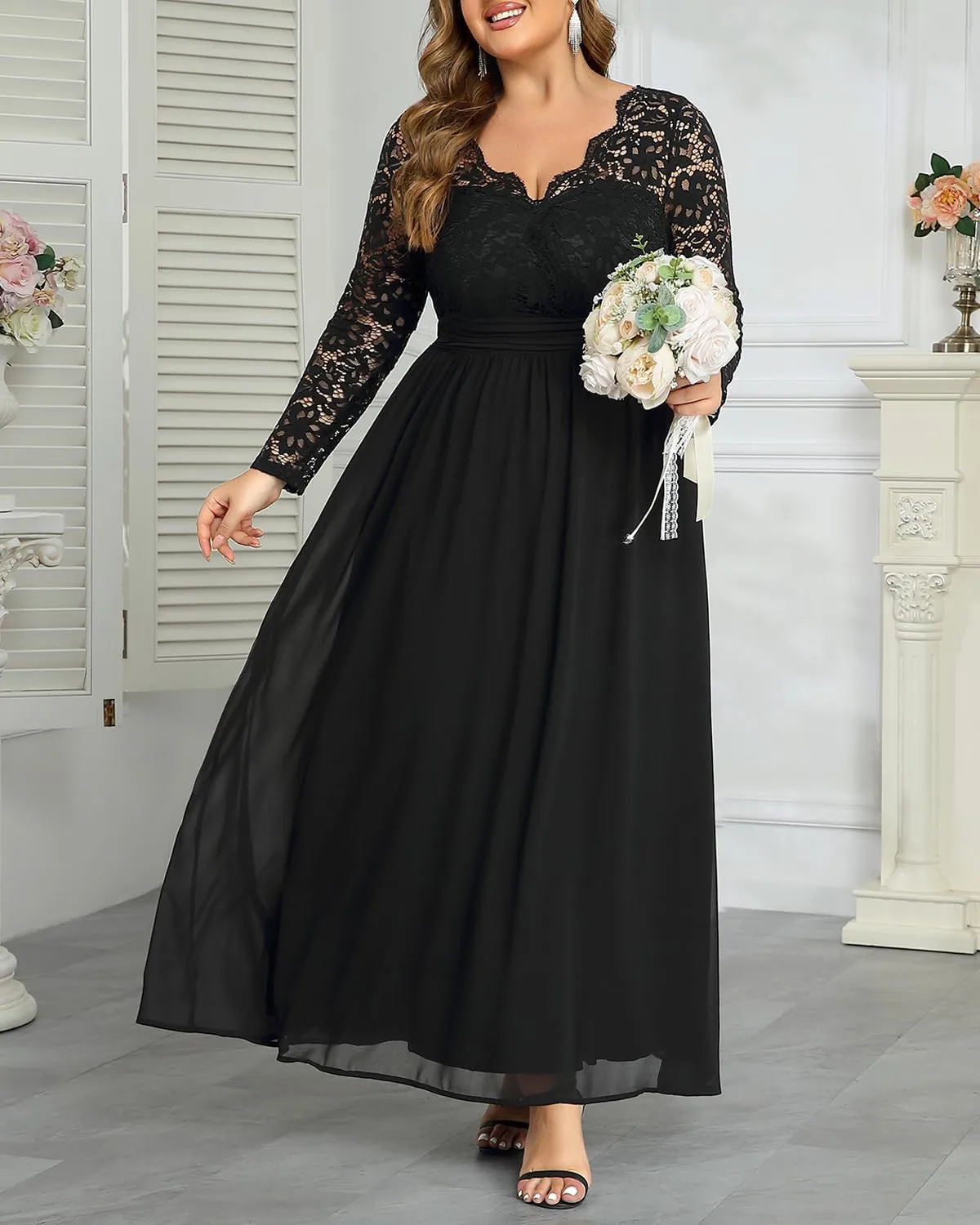 Plus Size Formal Wedding Dresses - Gowns Evening Prom Elegant V Neck Long Sleeve Lace Chiffon Long Maxi Dress