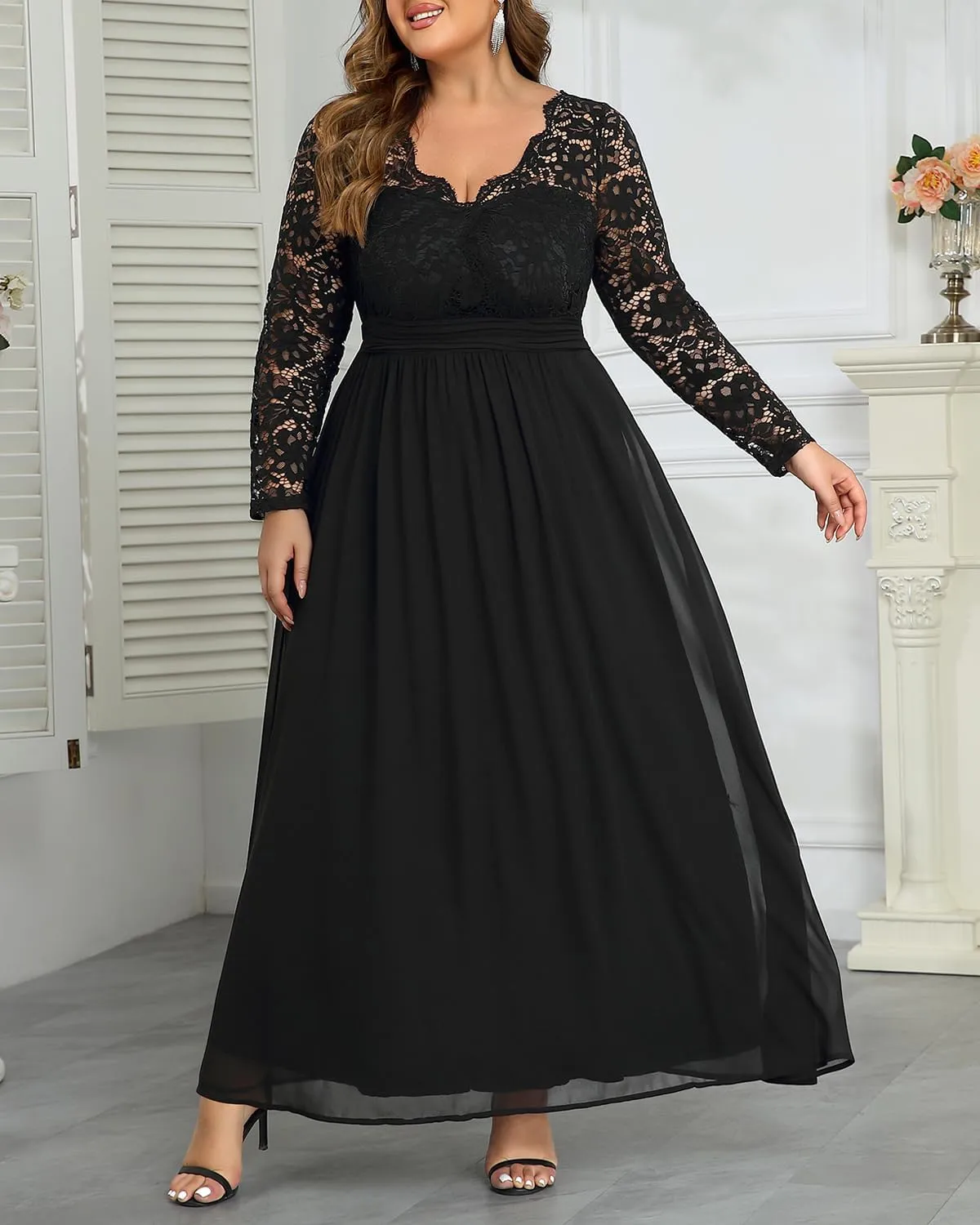 Plus Size Formal Wedding Dresses - Gowns Evening Prom Elegant V Neck Long Sleeve Lace Chiffon Long Maxi Dress