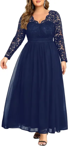 Plus Size Formal Wedding Dresses - Gowns Evening Prom Elegant V Neck Long Sleeve Lace Chiffon Long Maxi Dress