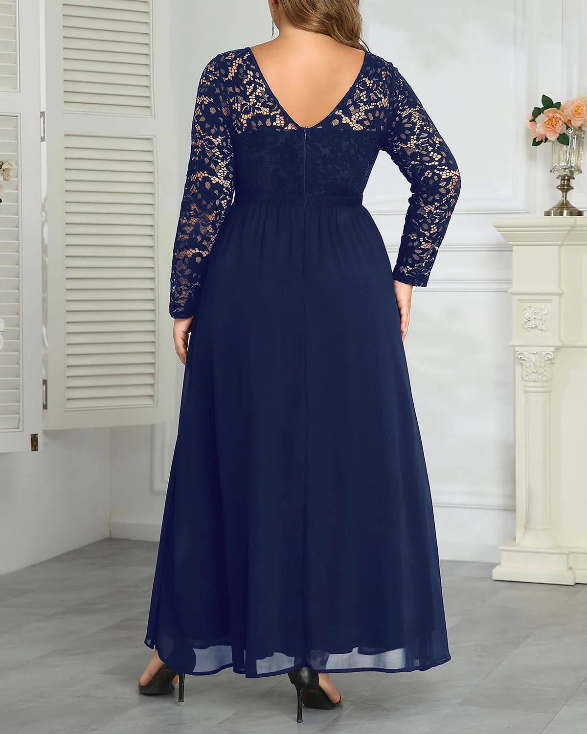 Plus Size Formal Wedding Dresses - Gowns Evening Prom Elegant V Neck Long Sleeve Lace Chiffon Long Maxi Dress