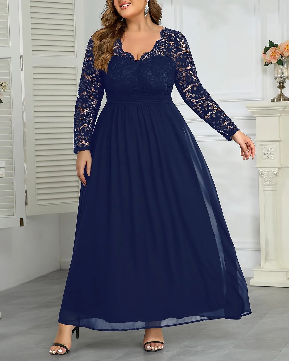 Plus Size Formal Wedding Dresses - Gowns Evening Prom Elegant V Neck Long Sleeve Lace Chiffon Long Maxi Dress