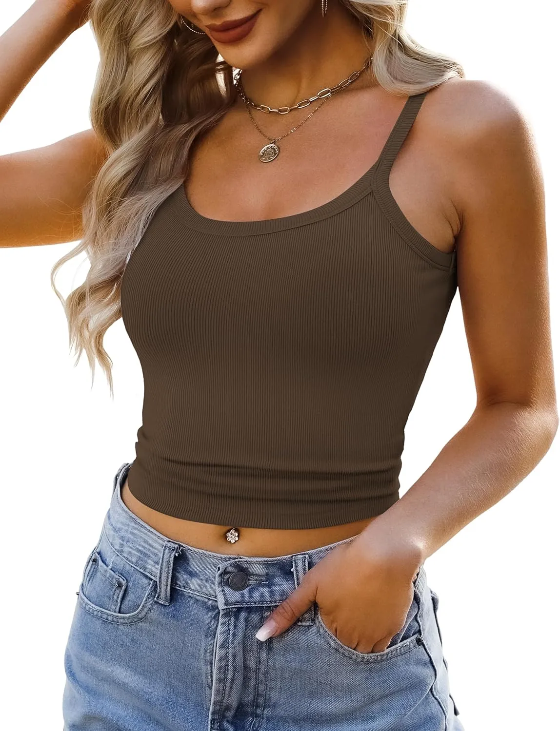Ribbed Tank Tops for Women 2025 Spaghetti Strap Scoop Neck Slim Fitted Basic Sleeveless Casual Workout Cami Shirts