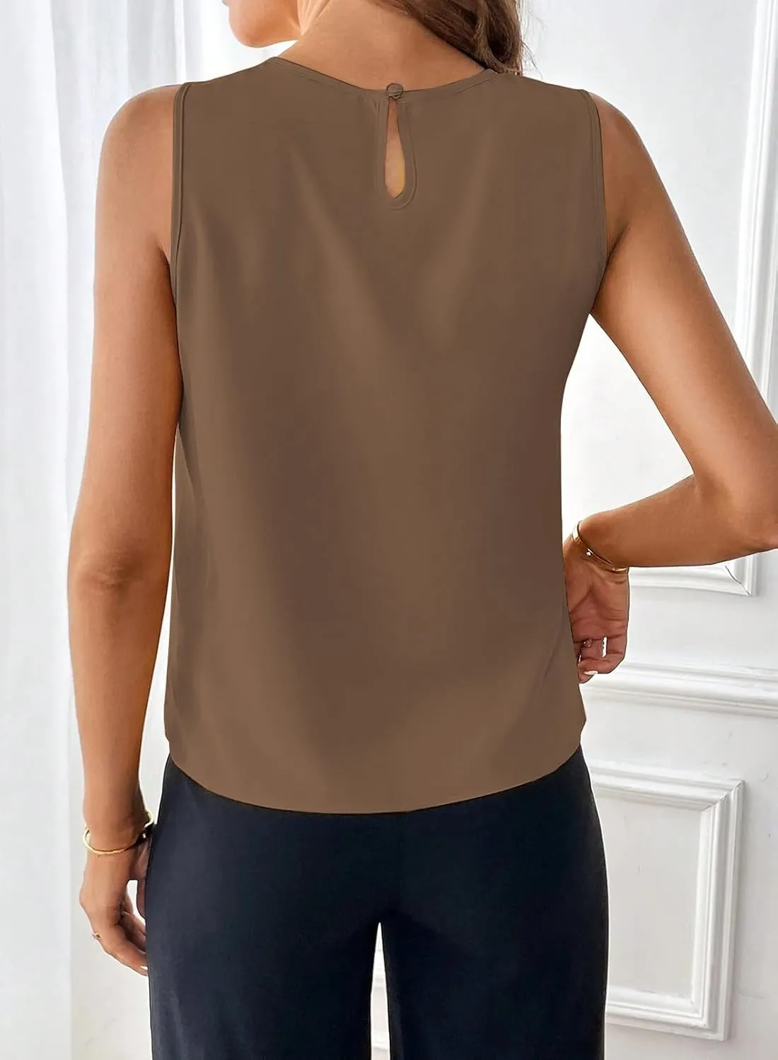Samefar Womens Summer Tank Tops Pleated Crewneck Casual Loose Chiffon Blouses Sleeveless Tops Business Work Shirts