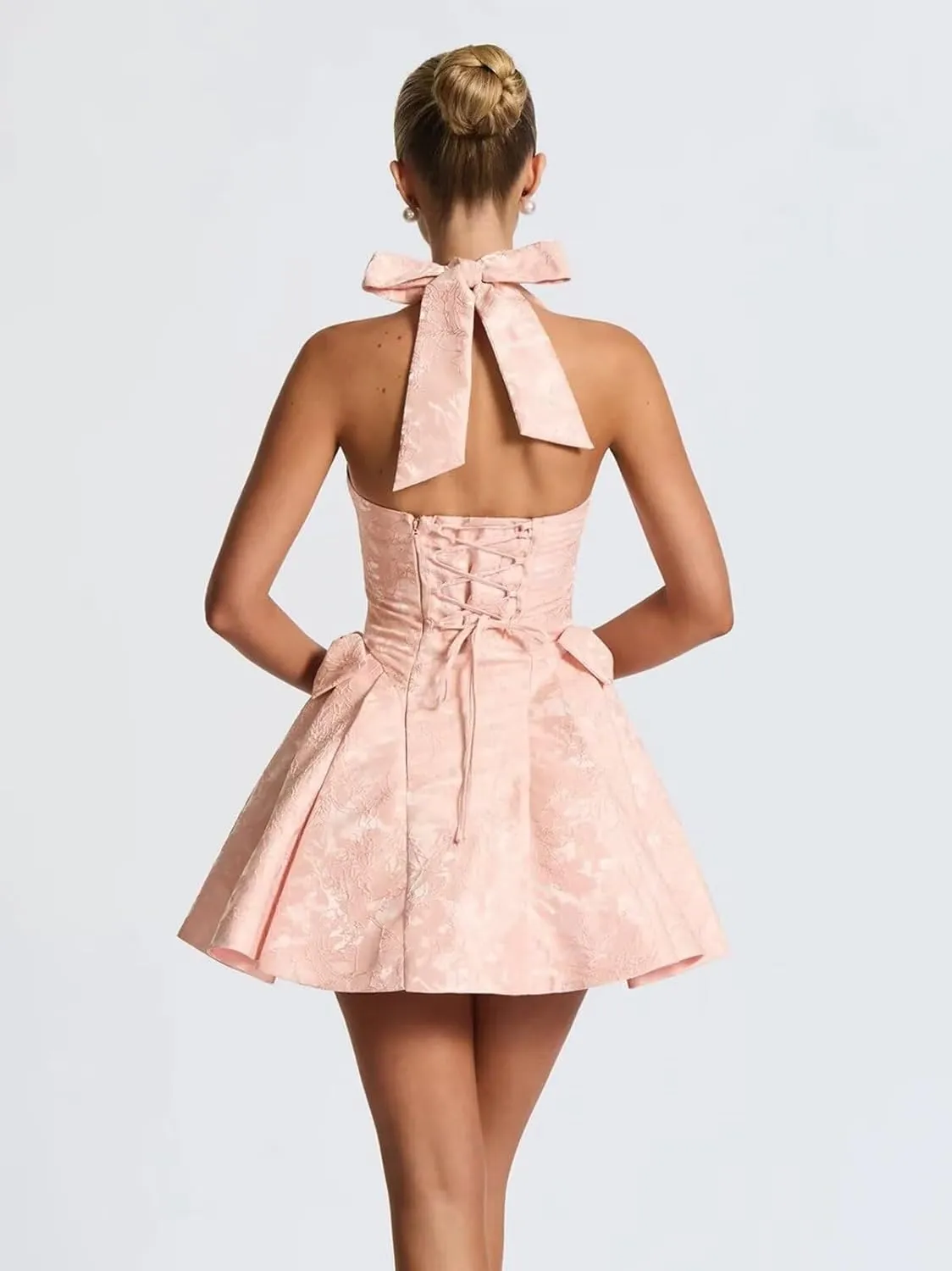 Short Homecoming Dress for Teens Jacquard Satin V-Neck Halter Corset Cocktail Gowns with Bow