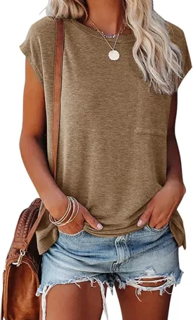 Smile Fish Womens Summer Short Cap Sleeve Shirts Solid Loose Fit Pocket Tunic Tops