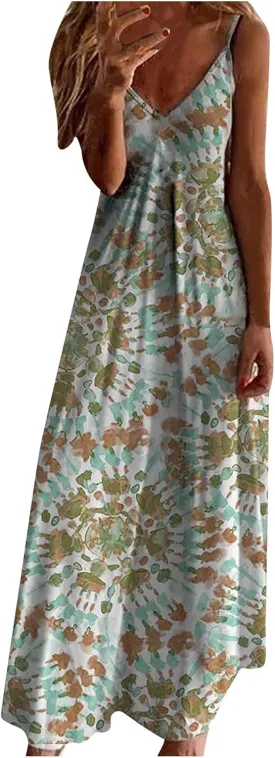 Summer Maxi Long Dresses for Women 2024 Sexy Spaghetti Strap v Neck Dress Boho Floral Print Beach Sun Dress