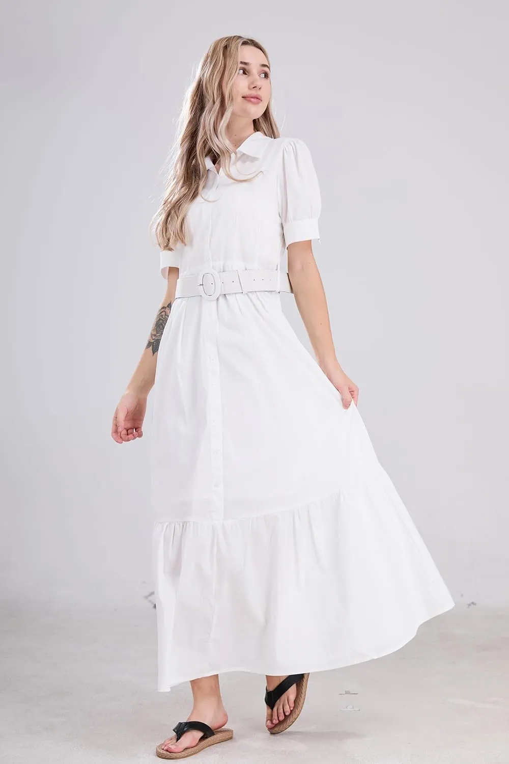 utcoco Womens Striped Button Down Shirt Dress Casual Puff Short Sleeve Ruffle Hem Maxi Dresses with Belt