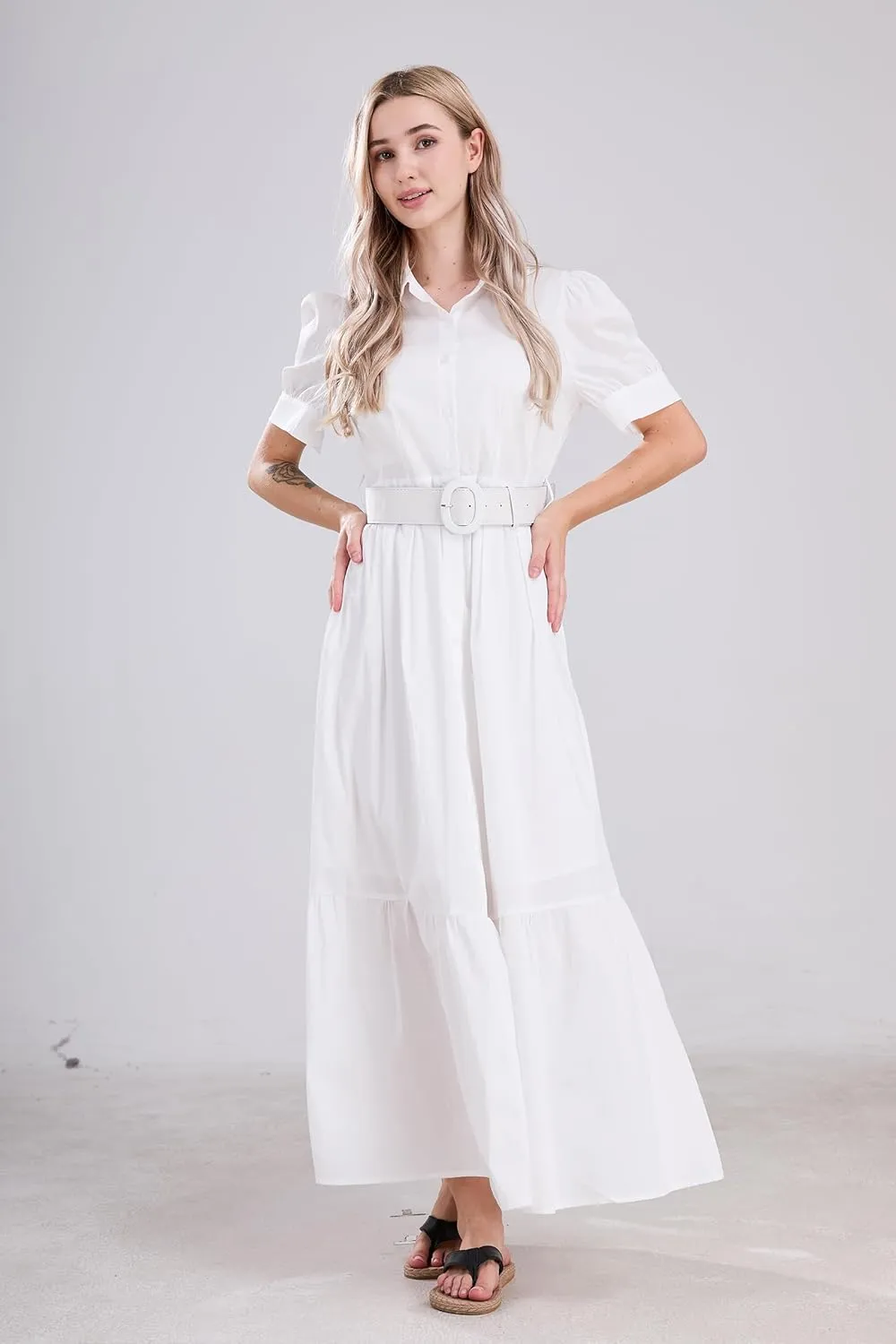 utcoco Womens Striped Button Down Shirt Dress Casual Puff Short Sleeve Ruffle Hem Maxi Dresses with Belt