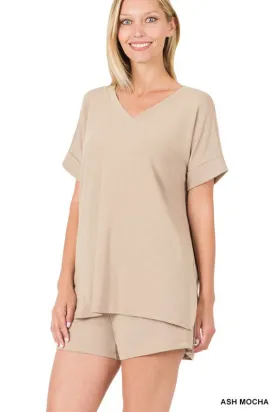 V-Neck Top & Drawstring Shorts Set