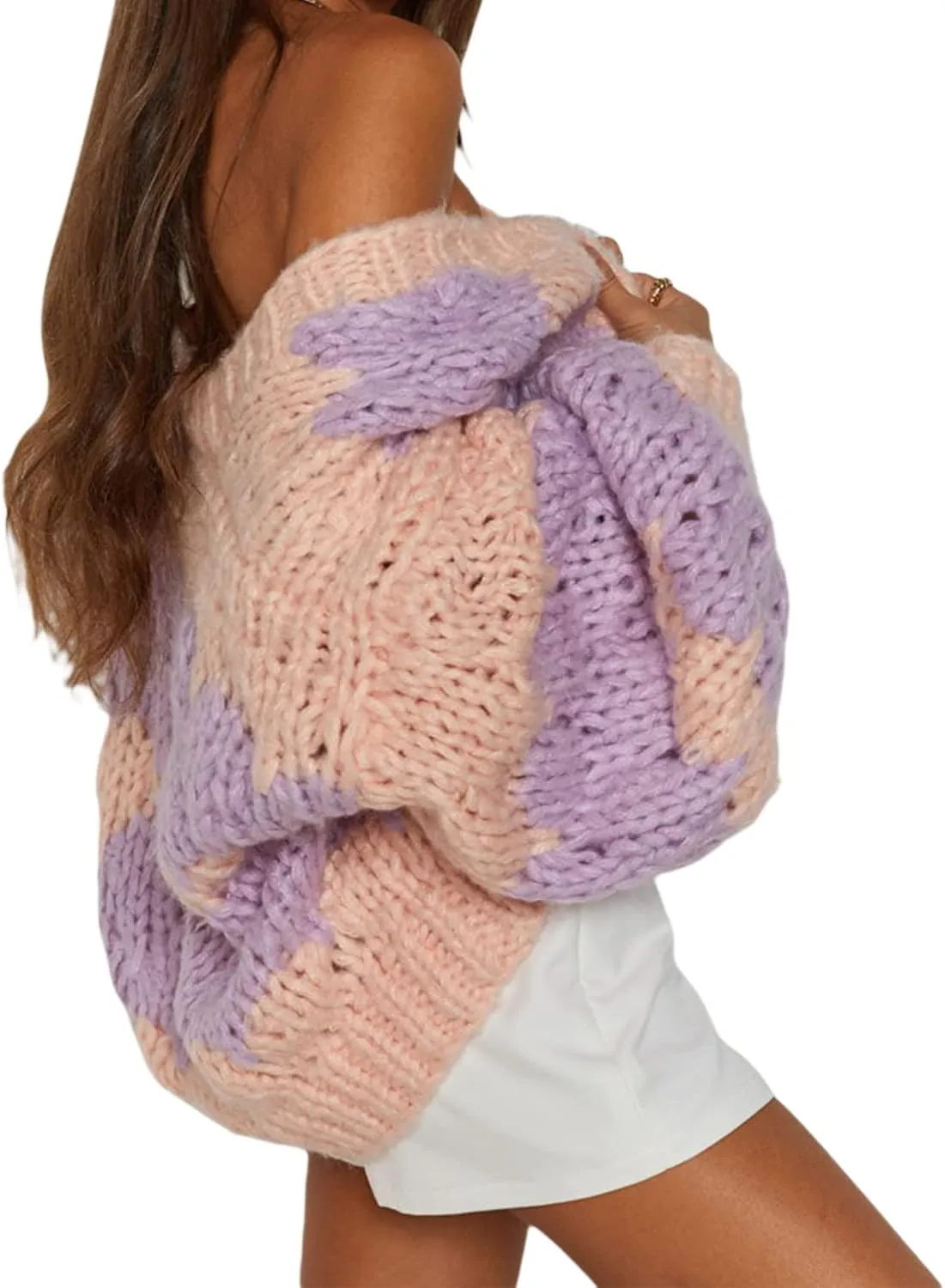 Women Cable Knit Cropped Cardigan Long Lantern Sleeve Open Front Chunky Sweater Oversized Y2k Knitwear Coat