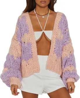 Women Cable Knit Cropped Cardigan Long Lantern Sleeve Open Front Chunky Sweater Oversized Y2k Knitwear Coat