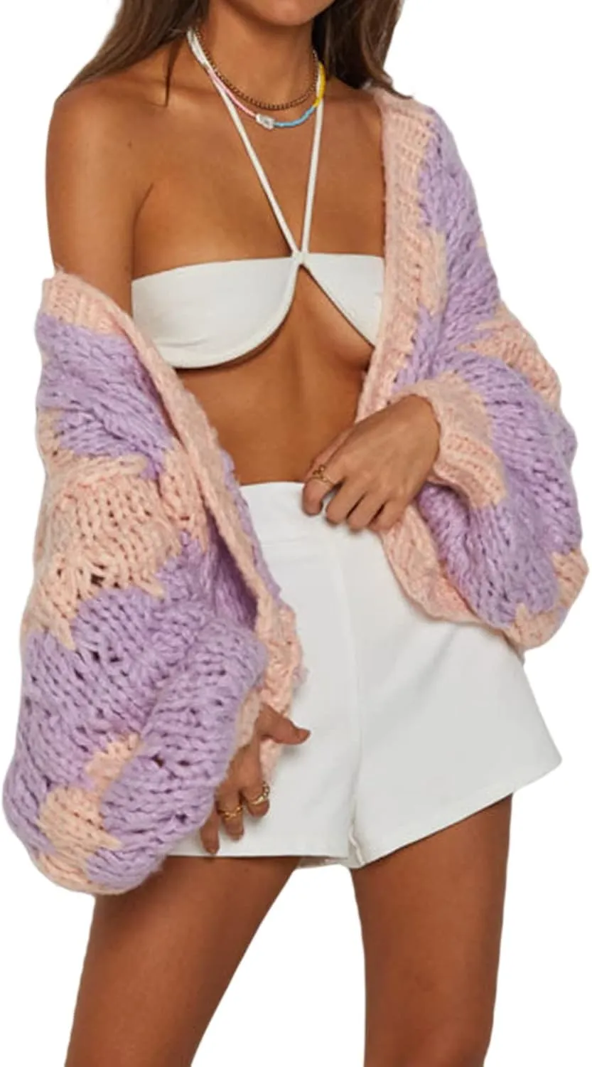 Women Cable Knit Cropped Cardigan Long Lantern Sleeve Open Front Chunky Sweater Oversized Y2k Knitwear Coat