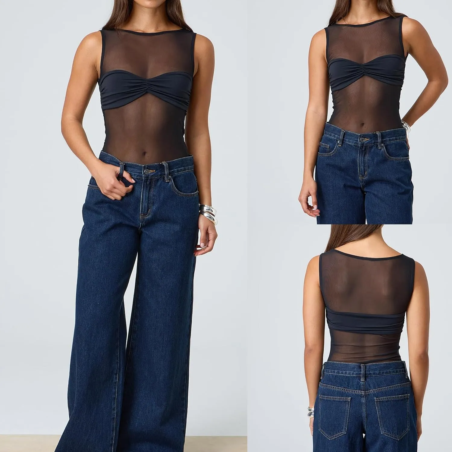Women Sheer Mesh Tank Top Sleeveless See Through Camisole Layering Undershirt Sexy Summer Y2k Going Out Cami Tops