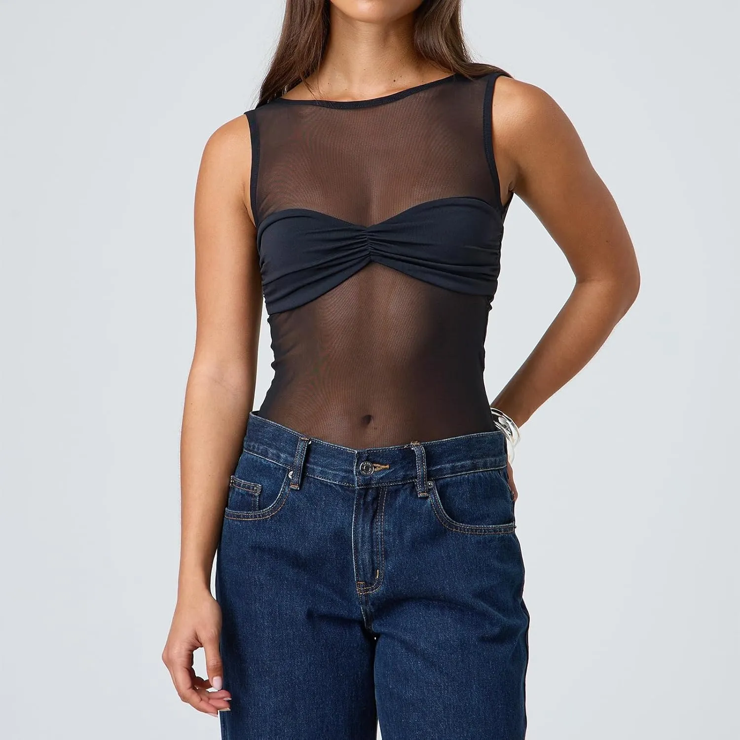 Women Sheer Mesh Tank Top Sleeveless See Through Camisole Layering Undershirt Sexy Summer Y2k Going Out Cami Tops