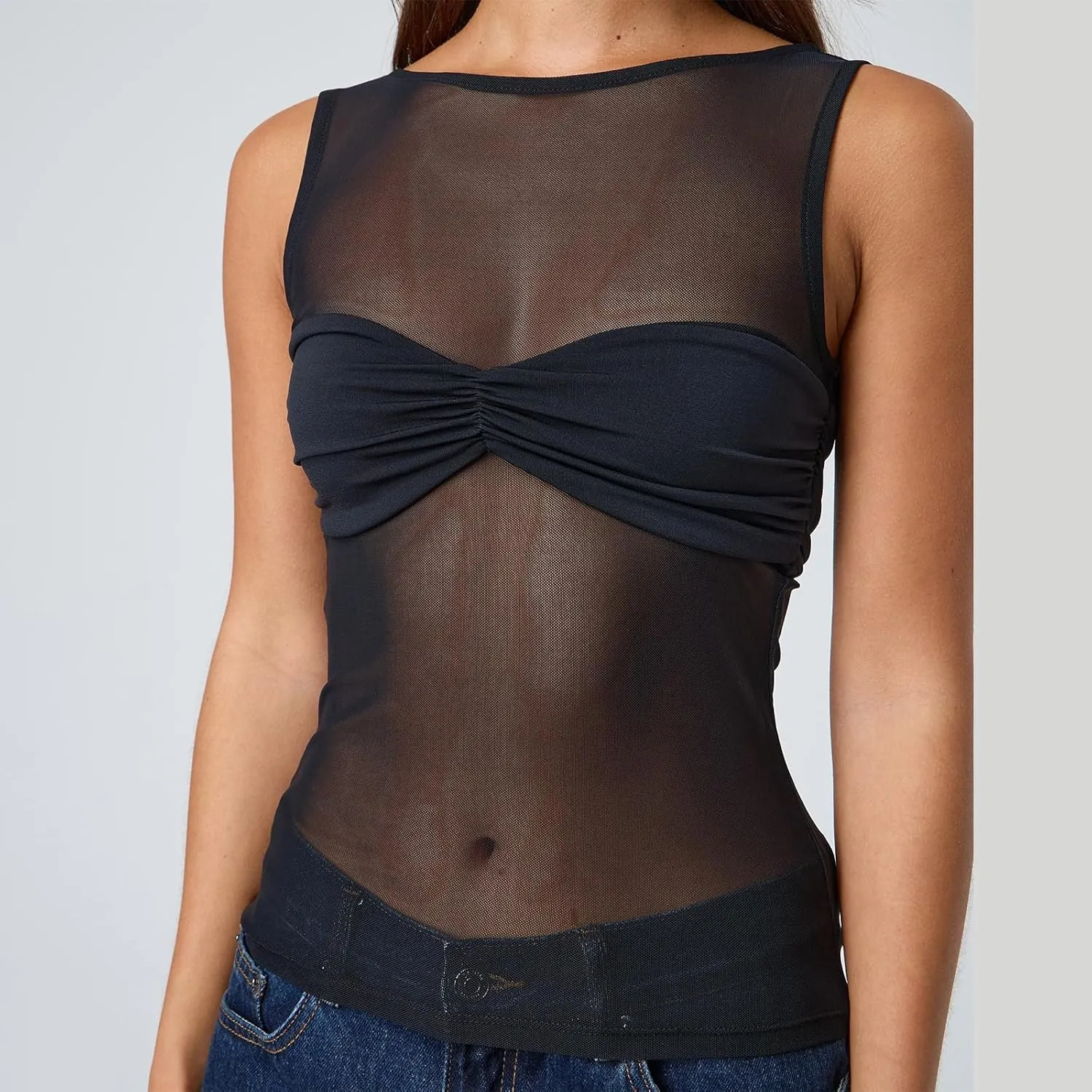 Women Sheer Mesh Tank Top Sleeveless See Through Camisole Layering Undershirt Sexy Summer Y2k Going Out Cami Tops