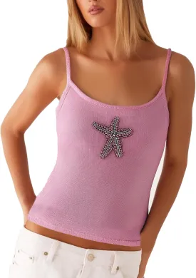 Women Starfish Knit Tank Top Y2k Teen Girl Sleeveless Backless Cropped Top Spaghetti Strap Slim Fit Cami Tops