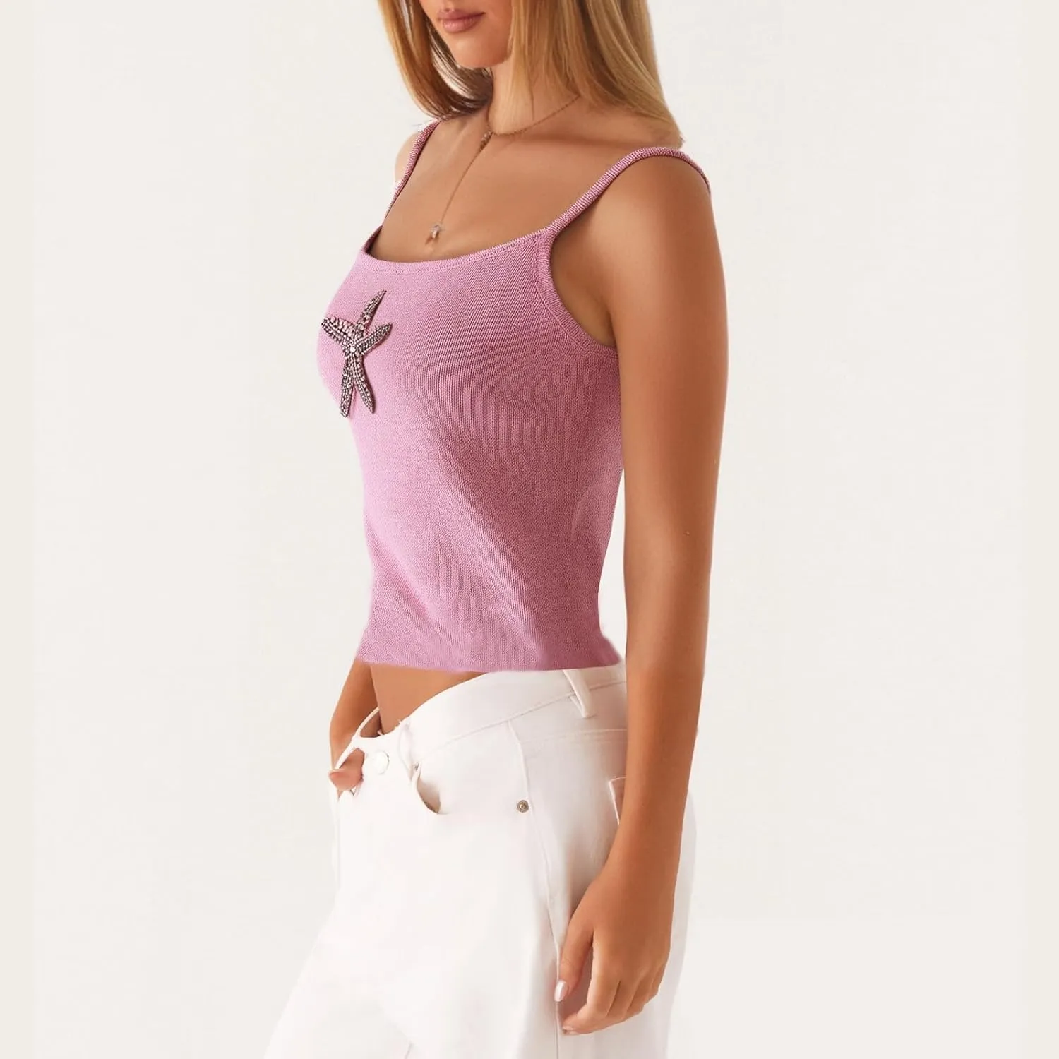 Women Starfish Knit Tank Top Y2k Teen Girl Sleeveless Backless Cropped Top Spaghetti Strap Slim Fit Cami Tops