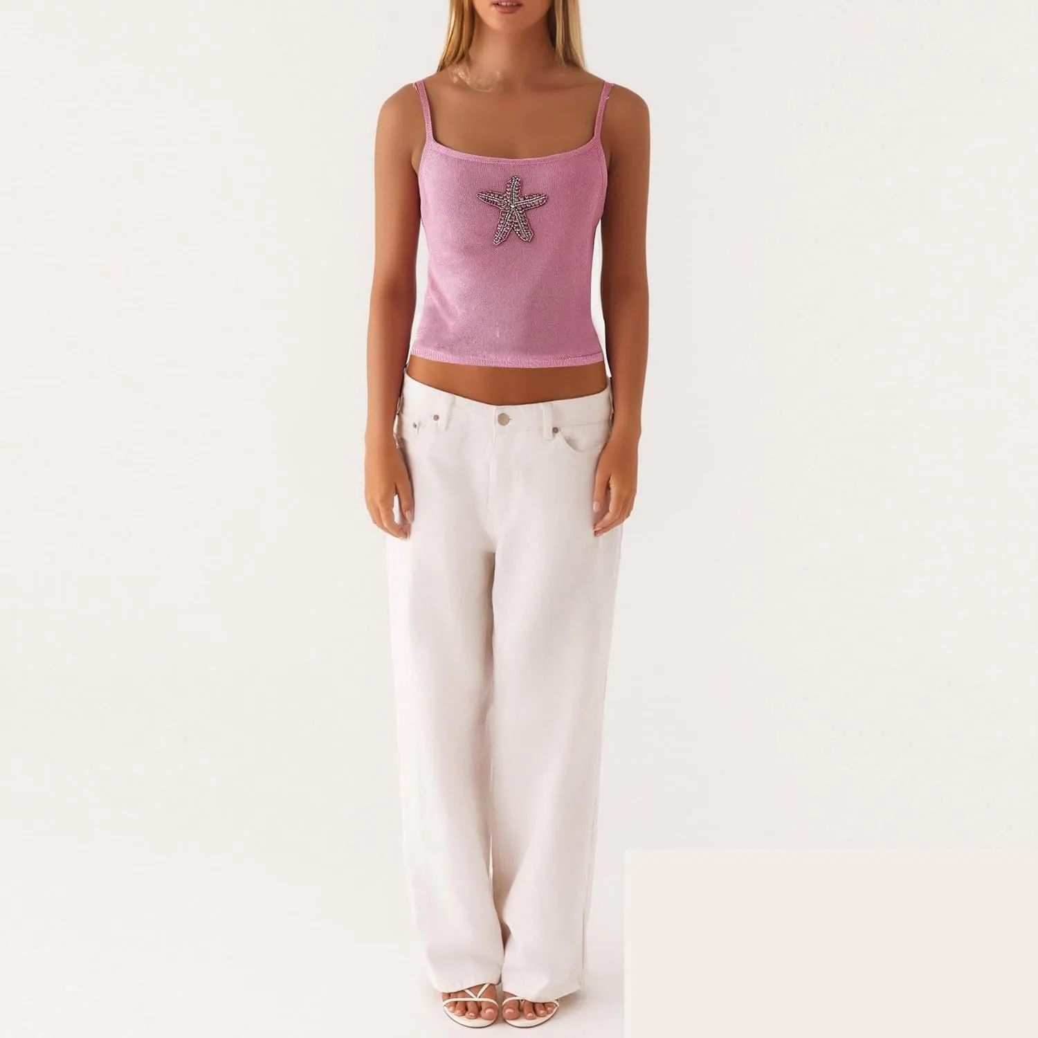 Women Starfish Knit Tank Top Y2k Teen Girl Sleeveless Backless Cropped Top Spaghetti Strap Slim Fit Cami Tops
