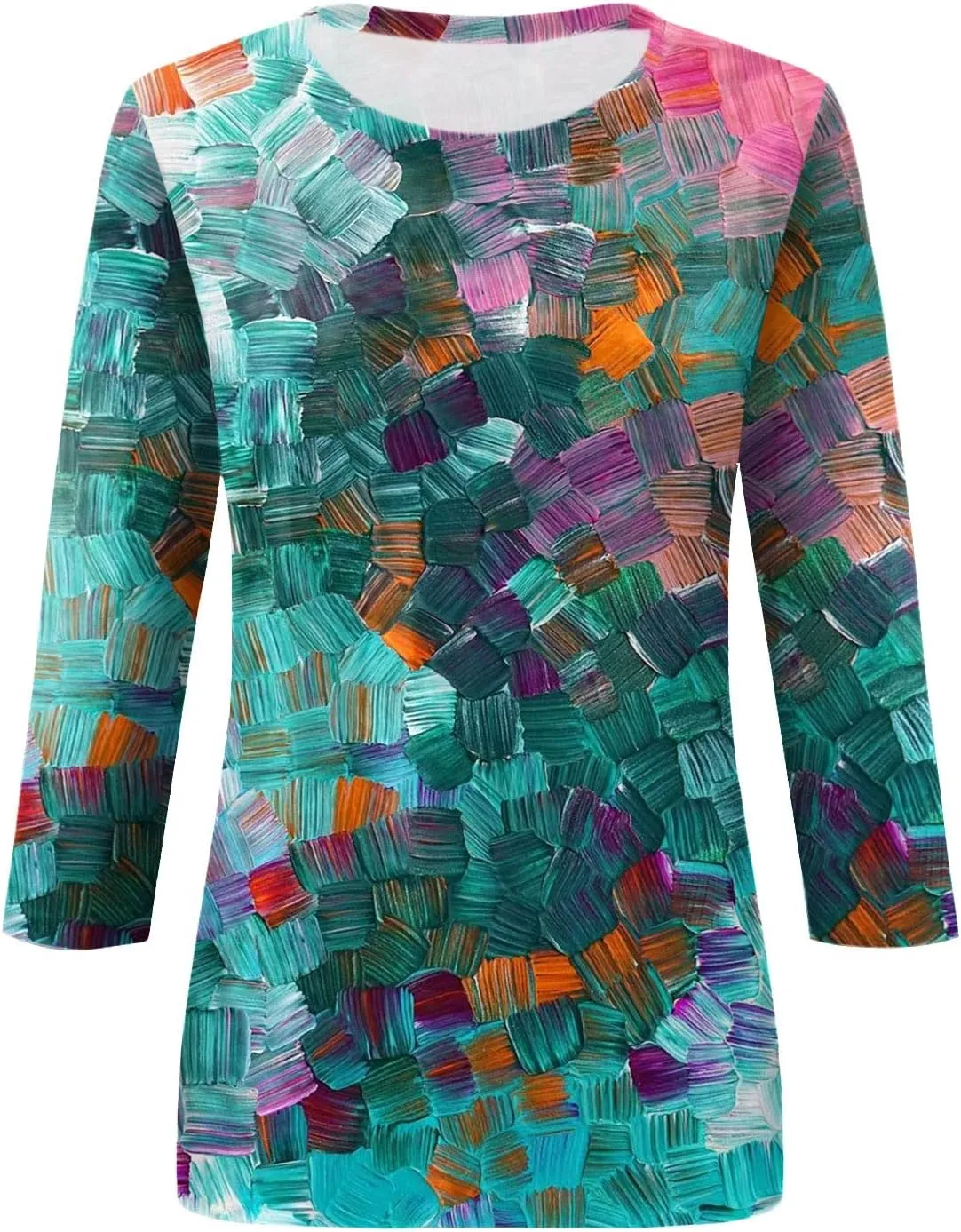 Womens 3/4 Sleeve Tops 2025 Summer Floral Print Round Neck Shirts Loose Fit Three Quarter Sleeve Tshirts