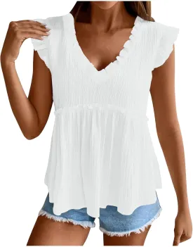 Womens Babydoll Tank Tops V Neck Ruffle Sleeve Pleated Peplum Shirts Summer Casual Boho Flutter Flowy Tank Tops