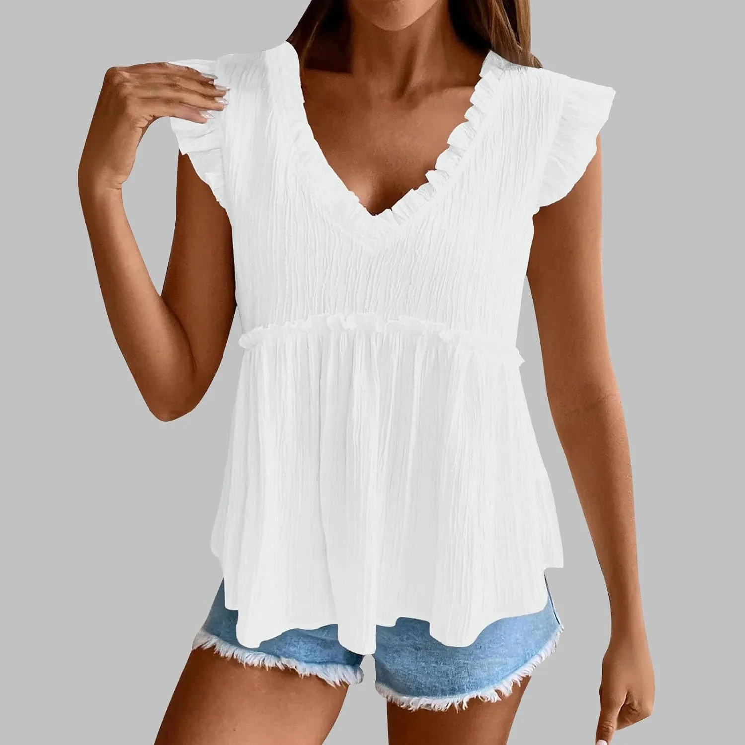 Womens Babydoll Tank Tops V Neck Ruffle Sleeve Pleated Peplum Shirts Summer Casual Boho Flutter Flowy Tank Tops