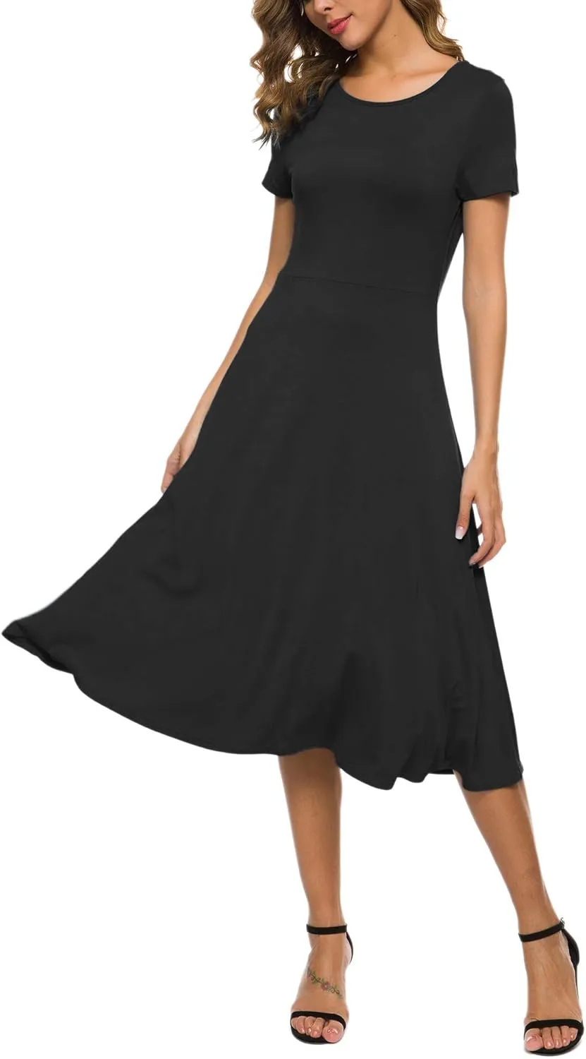 Women's Casual Round Neck Short Sleeve Midi Dress Solid Stretchy Waist Knee Long Dress