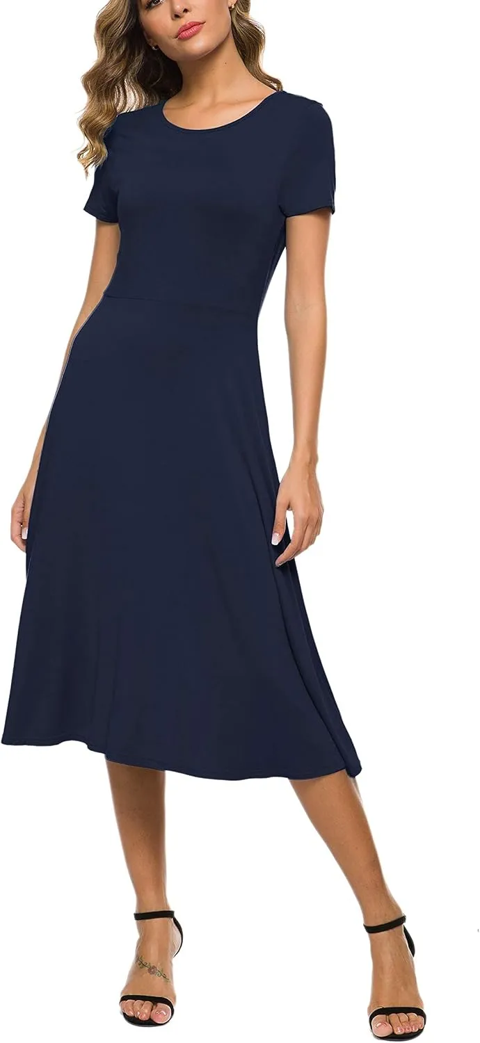 Women's Casual Round Neck Short Sleeve Midi Dress Solid Stretchy Waist Knee Long Dress