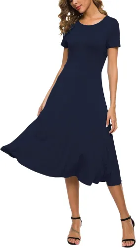 Women's Casual Round Neck Short Sleeve Midi Dress Solid Stretchy Waist Knee Long Dress