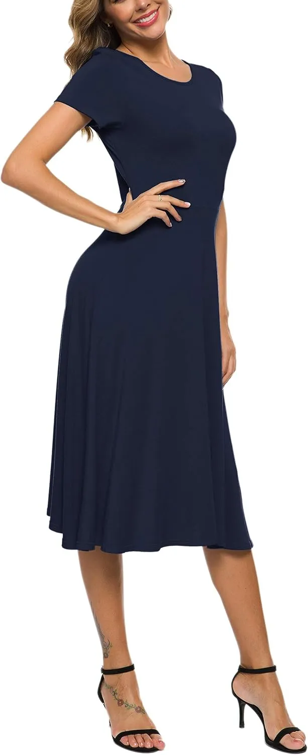 Women's Casual Round Neck Short Sleeve Midi Dress Solid Stretchy Waist Knee Long Dress