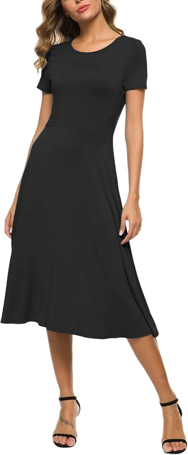 Women's Casual Round Neck Short Sleeve Midi Dress Solid Stretchy Waist Knee Long Dress