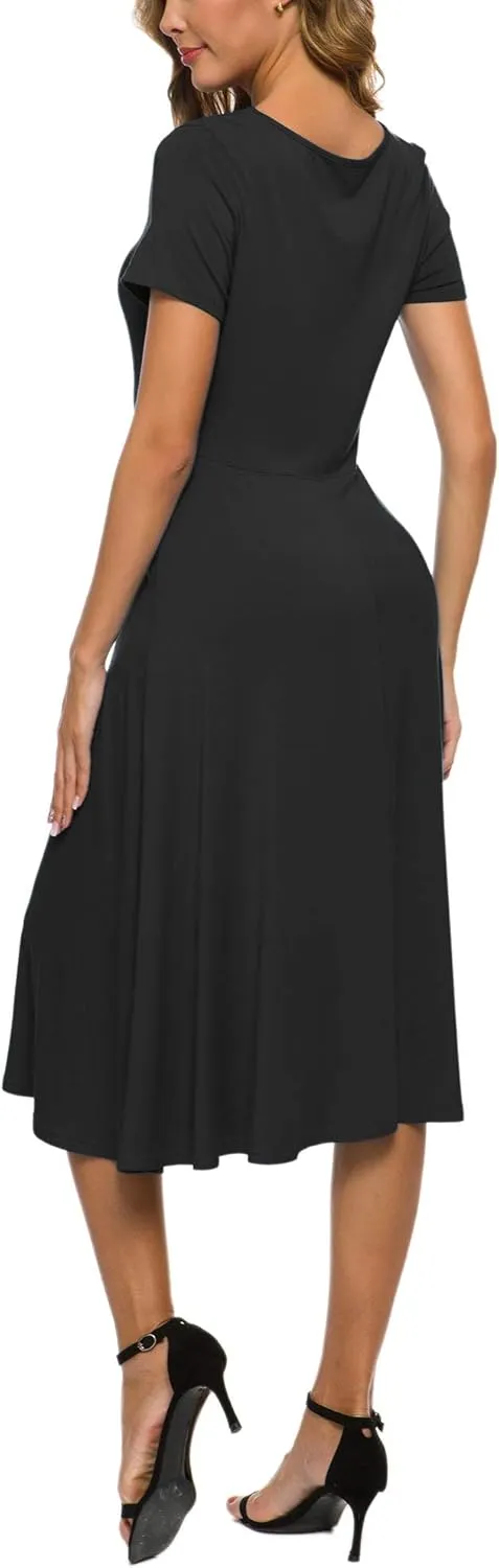 Women's Casual Round Neck Short Sleeve Midi Dress Solid Stretchy Waist Knee Long Dress